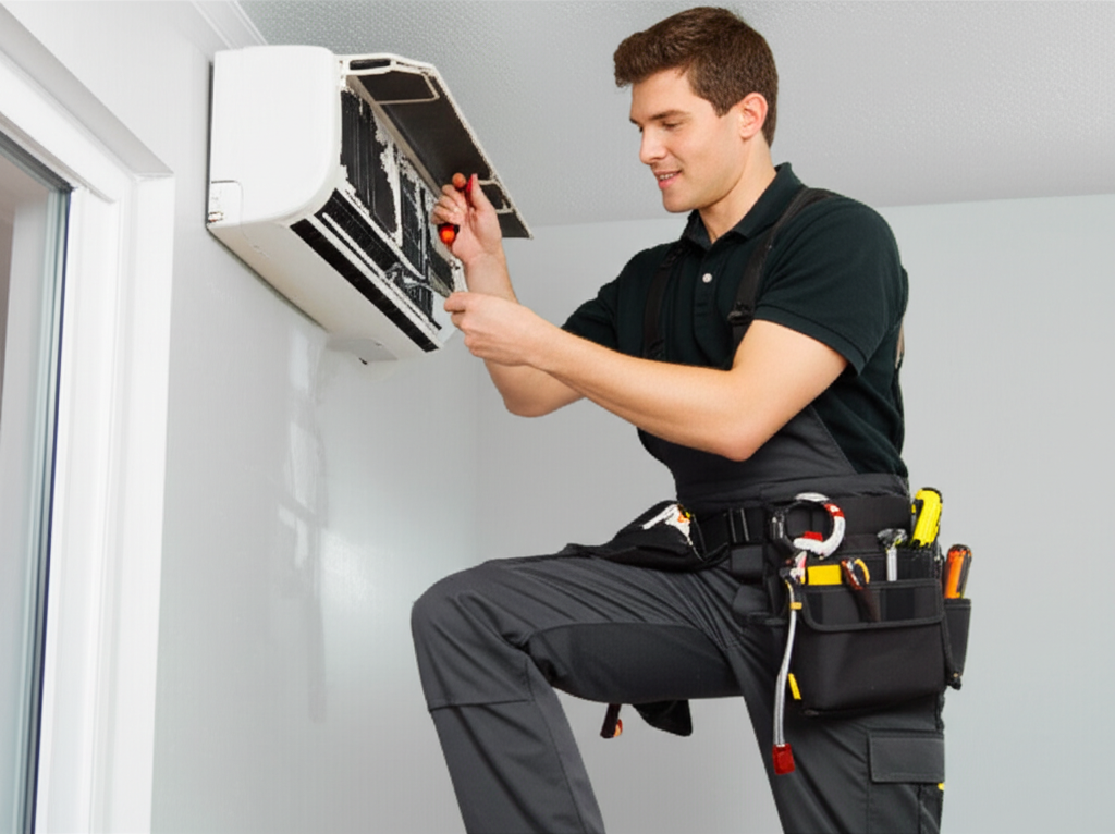 Professional technician repairing air conditioner